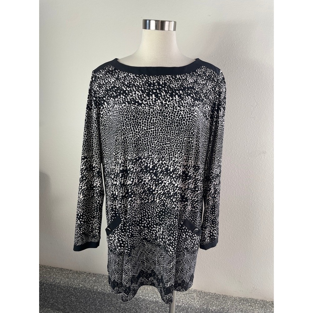 Susan Graver Liquid Knit Tunic Top XL Black White Animal Print Pocket Shirt‎